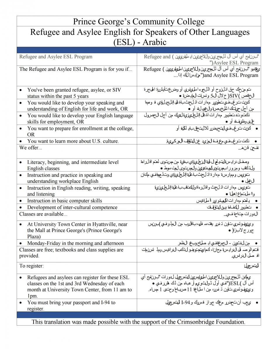 Arabic - Refugee & Asylee English for Speakers of Other Languages